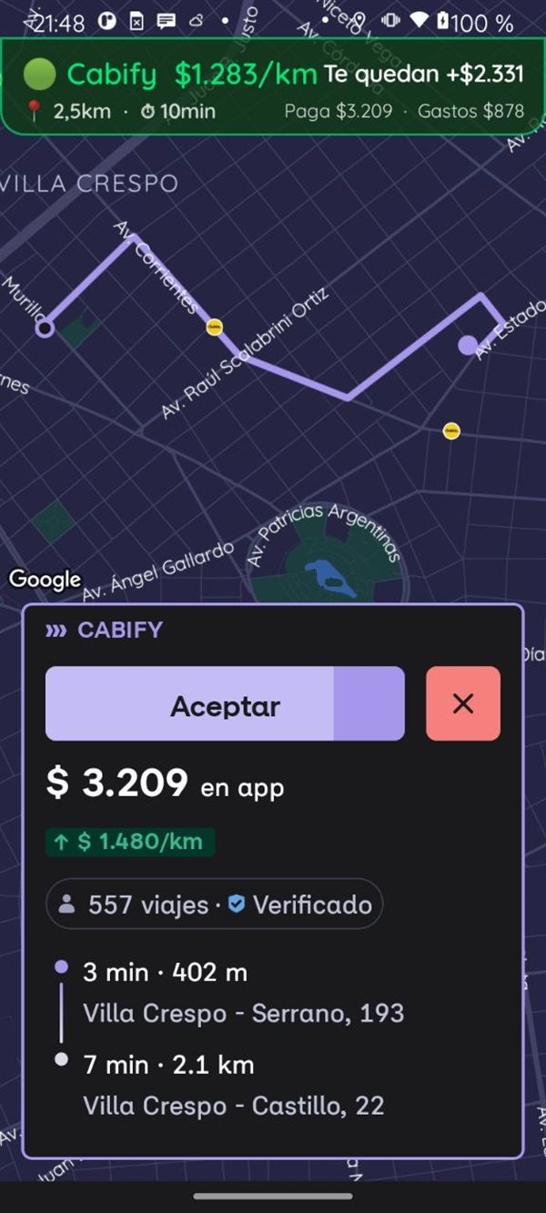Neto mostrando que un viaje conviene, con el desglose de ganancia neta sobre la app de Cabify