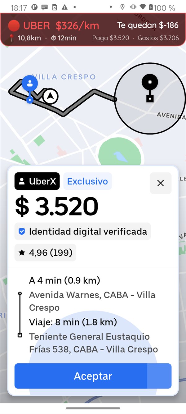 Neto mostrando que un viaje no conviene, con el desglose de ganancia neta sobre la app de Uber